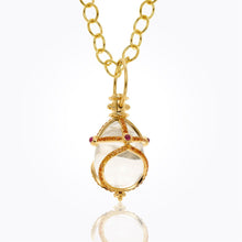 Load image into Gallery viewer, 18K Stupa Amulet with oval rock crystal, orange sapphire and ruby
