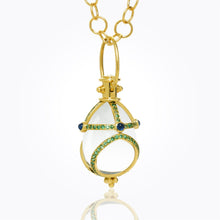 Load image into Gallery viewer, 18K Stupa Amulet with oval rock crystal, blue sapphire and tsavorite
