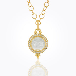 18K Moonface Pendant with carved rock crystal and diamond pave