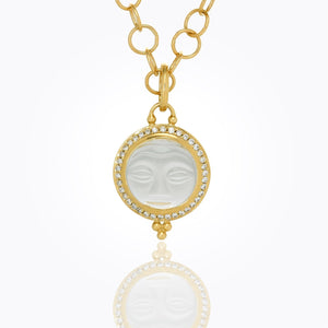 18K Moonface Pendant with carved rock crystal and diamond pave